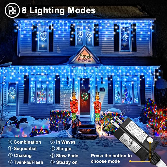 Blue and White Christmas Lights 66ft 640 LED Icicle Lights for Outside | Clear Wire Connectable Twinkle Lights with 8 Modes Timer Waterproof for House Window Party Tree Holiday Patio Yard Home Decor