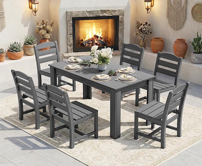 SERWALL Outdoor Dining Sets for 6, HDPE Dining Sets with 1 Umbrella Hole Cut-Out Rectangular Table and 4 Armless Chairs and 2 Armchairs, Patio Dining Sets, Gray