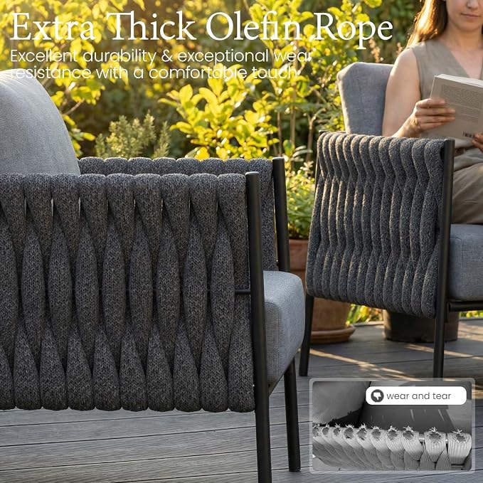LayinSun 5 Piece Outdoor Furniture Set with Fire Pit Table, Modern Rope Woven Patio Conversation Sofa Set with Olefin Braid and Deep Seating