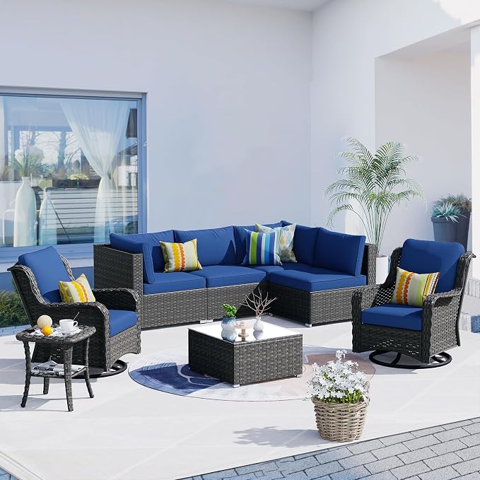 HOOOWOOO Patio Outdoor Sectional Furniture Sofa Set with Swivel Chairs,8 Piece L Shaped Corner Wicker Rattan Couch Set with Glass Table,Modern 6 Persons Summer Patio Conversation Set(Denim Blue)