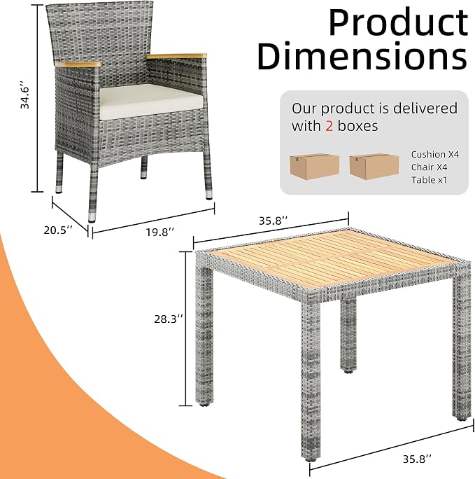 Vongrasig 5 Piece Small Patio Dining Set, Space-Saving Outdoor Wicker Furniture Conversation Set with Wood Table and Cushioned Rattan Chairs for Lawn, Garden, and Backyard (Gray)