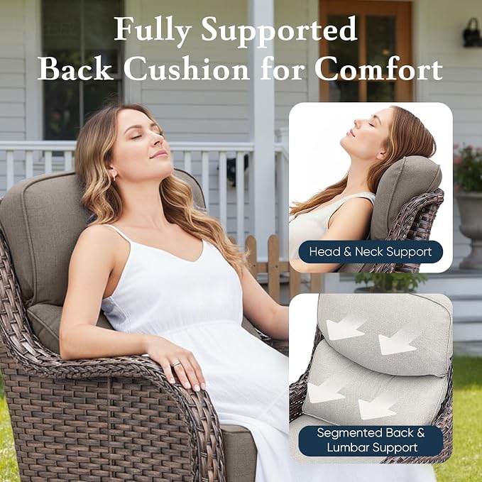 Belord Luxury 6" Thick Cushioned 10 Pieces Patio Furniture Set with Fire Pit Table, Wicker Outdoor Conversation Set with High Back Swivel Rocker Chairs for Deck Porch Yard and Poolside - Brown+Grey