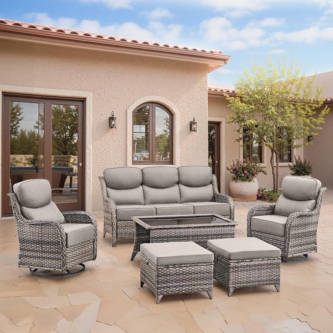 Swivel Patio Chairs sofa Set of 6 with 6" Thick Cushion - Wicker Outdoor Swivel Rocker Patio Chair ,Sofa/Glass coffee table, High Back Comfortable Outdoor Glider Chairs - Gery Wicker | Gery Cushions