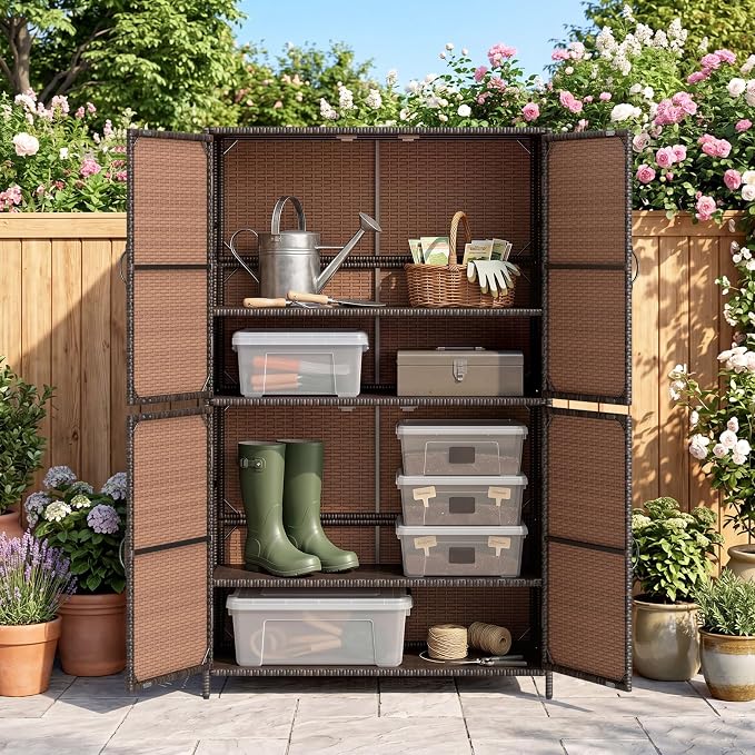 Tangkula Rattan Outdoor Storage Cabinet with 2 Adjustable Shelves | Patiojoy Outdoor Cabinet with Adjustable Shelves, 4 Doors, Patio Storage Deck Box Table for Patio Garden Poolside, Mix Brown