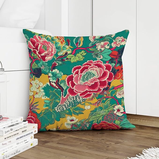 Chinoiserie Red Peony Floral Throw Pillow Covers Green and Pink Throw Pillow Cover Abstract Farmhouse Decor Pillow for Living Bed Room Patio Home 18x18 in