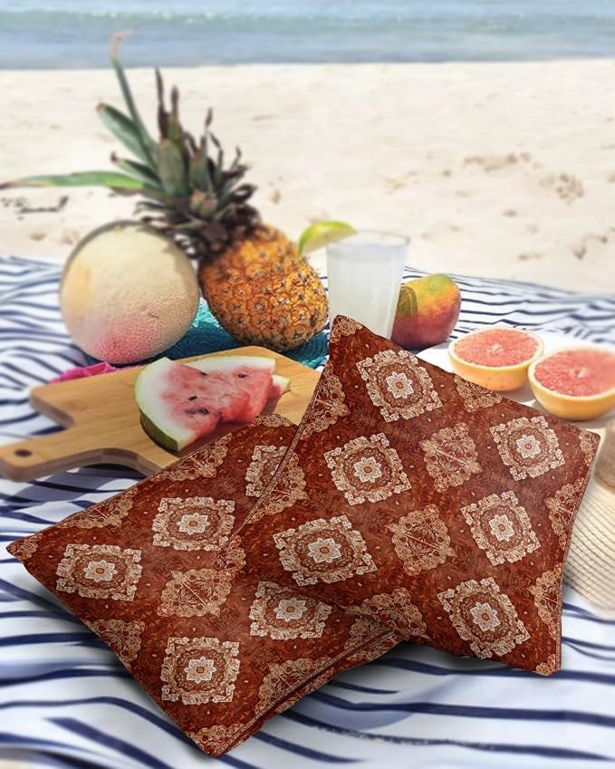 Prime Leader Outdoor Waterproof Pillow Covers Set of 2, Medieval Turkish Patterns Mural Wallpaper Retro Patio Throw Pillow Covers, Decorative Cushion Case for Couch Sofa Furniture Garden, 26x26 Inch