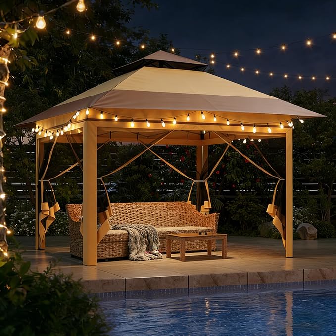 Driftalia 13x13 Pop Up Gazebo, Instant Outdoor Gazebo with Mosquito Netting, Vented Roof and Carry Bag for Patio, Garden & Backyard - Beige & Coffee