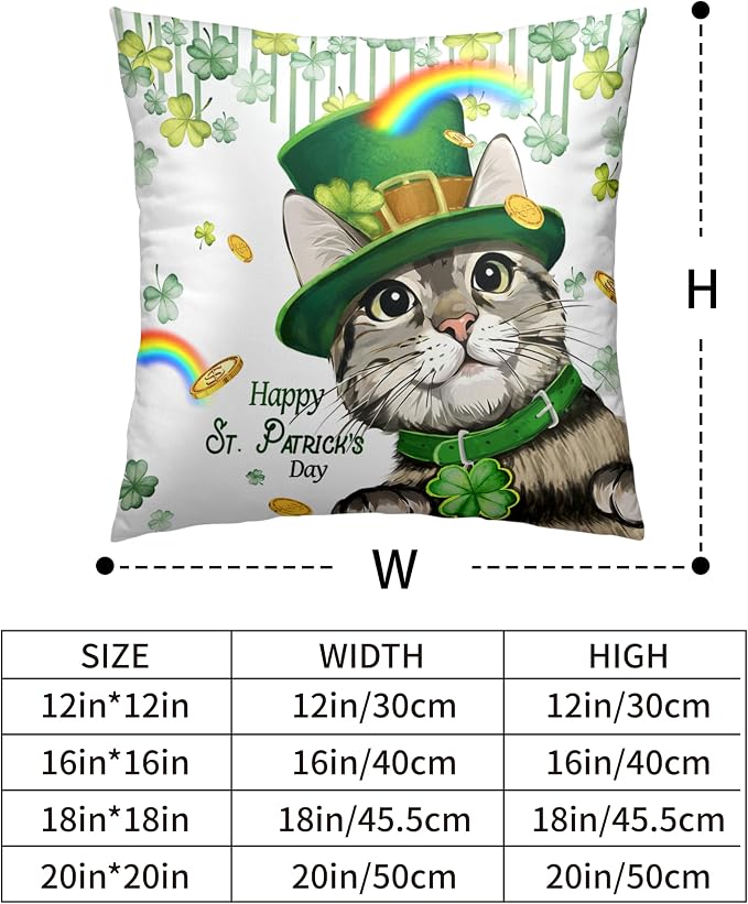Happy St Patricks Day Pillows Covers 18x18 Pack of 2 Lucky Cat Clover Pillow Covers Rainbow Gold Coin Shamrock Decorative Pillow Cases Cushion Case for Living Room Couch Sofa