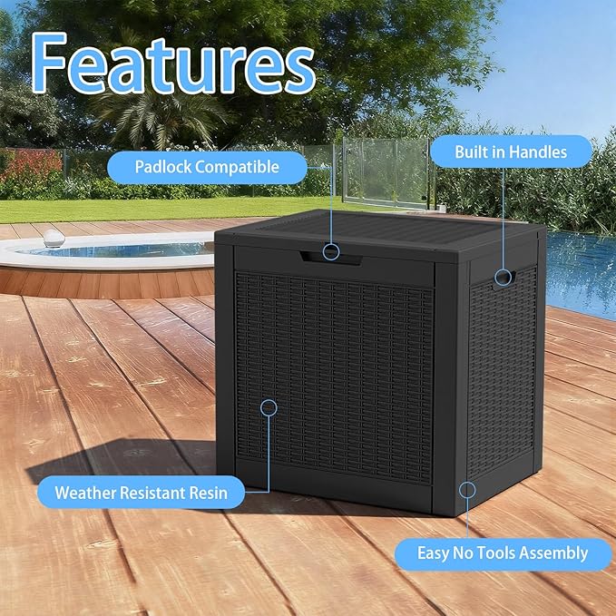 PatioZen 37 Gallon Deck Box,Waterproof Resin Outdoor Storage Boxes, Outside Storage Lockable Container for Garden Tools,Indooor Cushions,Accessories (Black)