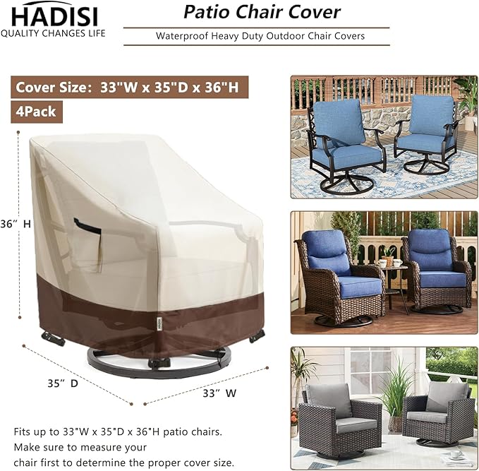 Patio Chair Covers for Outdoor Furniture Waterproof 4 Pack, Heavy Duty Waterproof Outdoor Swivel Chair Cover (33"W x35"D x36"H - Beige)