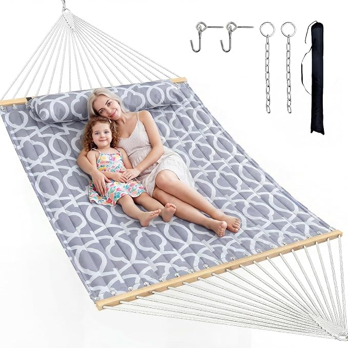 ANAGOO Double Hammock with Spreader Bar & Pillow, 2-Person Portable Hammock, 500lbs Capacity for Outdoor Camping, Patio, Backyard, Garden, Beach & Travel Relaxation – White Gray