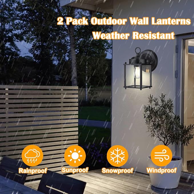 Outdoor Wall Light, Porch Lamp, Rustproof Waterproof, Black | Exterior Wall Sconce Fixture for House, Garage, Patio, Metal Housing with Glass, E26 Base, 4 Pack