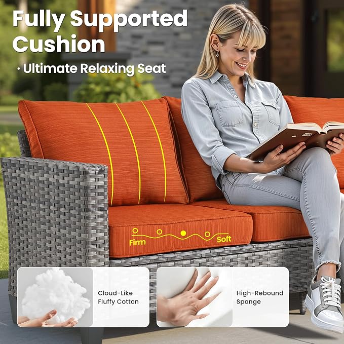 ovios 5 Pieces Patio Furniture Set, Outdoor Wicker Rattan Sofa Couch with Loveseat, Chairs, Glass Coffee Table, Conversation Sets for Yard Porch Garden, Orange Red