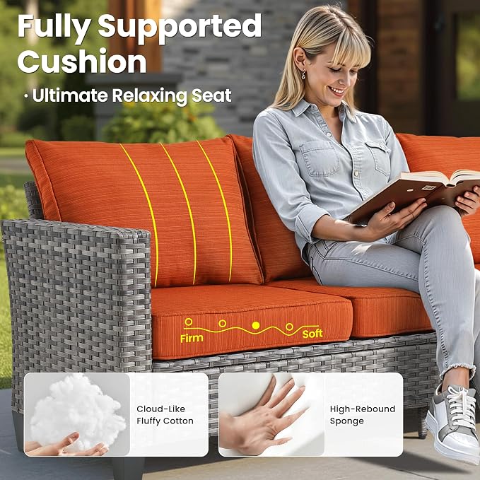 ovios 7 Pieces Patio Furniture Set, Outdoor Wicker Sofa Couch with Swivel Glider Chairs Fire Pit Table, Modern Deep Seat Rattan Conversation Sets for Deck Porch, Grey