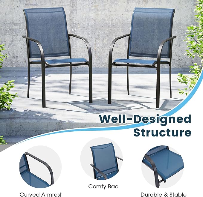 3 Pieces Patio Dining Set, 28" Square Dining Table with Storage Shelf, 2 Stackable Textilene Fabric Chairs, Metal Structure for Patio, Porch, Garden(Black Table, Blue Chair)