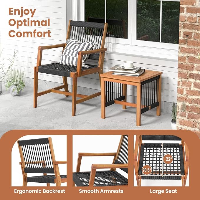 HAPPYGRILL 3 Pieces Acacia Wood Bistro Set, Patio Conversation Set Rope Woven Chair & Table Set for Backyard Porch Garden Poolside
