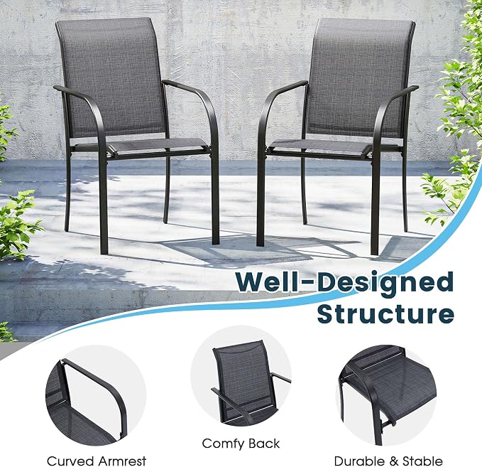 7 Pieces Patio Dining Set, 50" Round Dining Table with Umbrella Hole, 6 Stackable Textilene Fabric Chairs, Metal Structure for Patio, Porch, Garden(Black Table, Grey Chair)