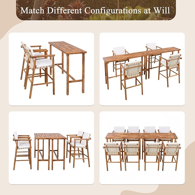 6 Piece Outdoor Bar Set for 4, 2 Patio Acacia Wood Bar Height Table & 4 Stools with Removable Cushions, Wood Dining Bar Set with Adjustable Feet for Patio, Balcony, Poolside, Beige+Natural