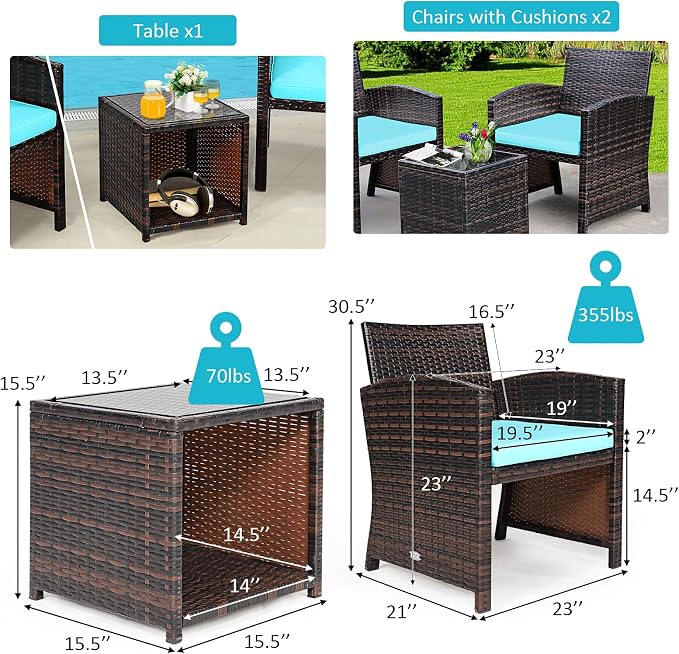 Tangkula 3-Piece Outdoor PE Rattan Furniture Set, Patio Conversation Set w/Chair & Storage Coffee Table, Detachable Cushion, Stable X-Shaped Frame, Perfect for Garden, Backyard, Poolside (Turquoise)