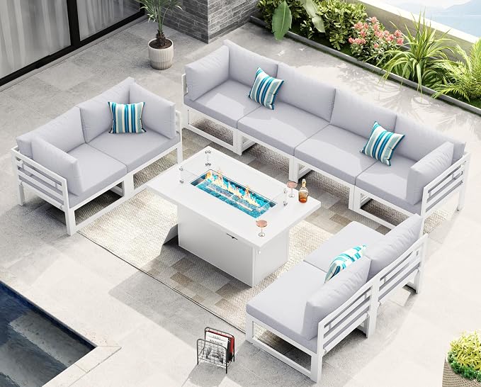 NICESOUL 9 Piece Luxury Aluminum Outdoor Sectional Sofa with Fire Pit Table, Oversized L Shaped Patio Furniture Set, 29" Deep Wide Seating, 500 lbs Heavy Duty Conversation Set for Backyard, Light Grey