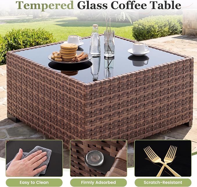 Amopatio Outdoor Patio Furniture Set 7 Pieces Patio Conversation Set Sectional Couch Sofa, Glass Table & Thicken Cushion Fits Garden Yard Porch