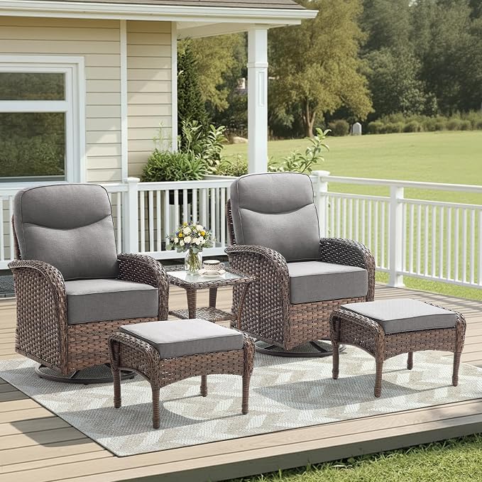 5 Pieces Luxury Patio Furniture Sets with 6-Inch Thick Cushions, High Back Swivel Outdoor Rocking Chairs Set of 2 with Multifunctional Ottoman, Wicker Conversation Set for Porch Garden, Gray