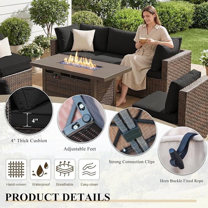 9 Pieces Patio Furniture Set with 44" Fire Pit Table, Rattan Outdoor Sectional Conversation Sets, All Weather Outdoor Furniture Set with Cushions for Garden Lawn Balcony Porch Deck Black