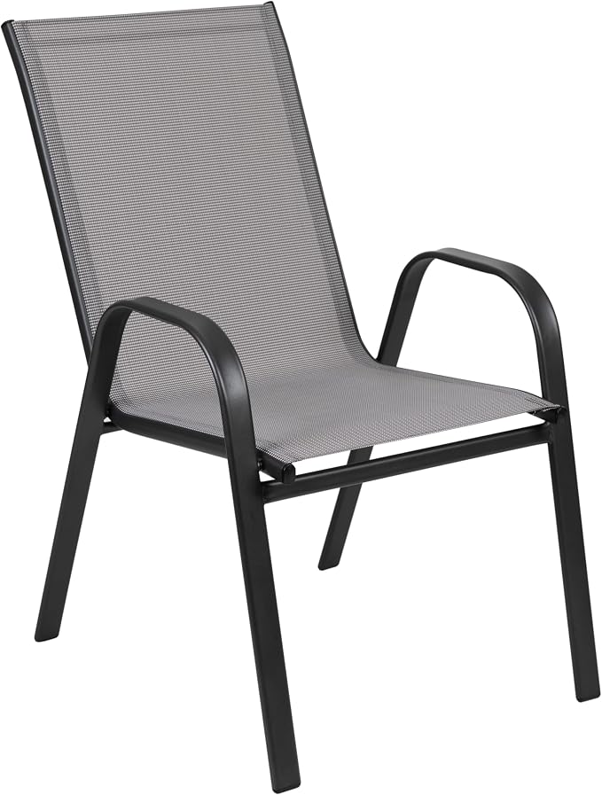 EMMA + OLIVER Bartlett 7-Piece Outdoor Dining Set, Patio Table with Tempered Glass Top and Umbrella Hole, 6 Flex Comfort Textilene Stack Chairs, 60", Gray/Black