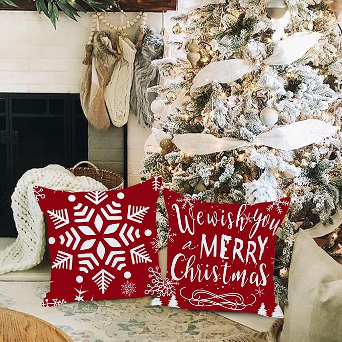 Christmas Pillow Covers 24x24, Merry Christmas Pillow Cases 24 x 24 Decorative Pillows Cases Square Red Christmas Tree Snowflake Winter Holiday Xmas Farmhouse Decor for Couch Sofa Set of 4