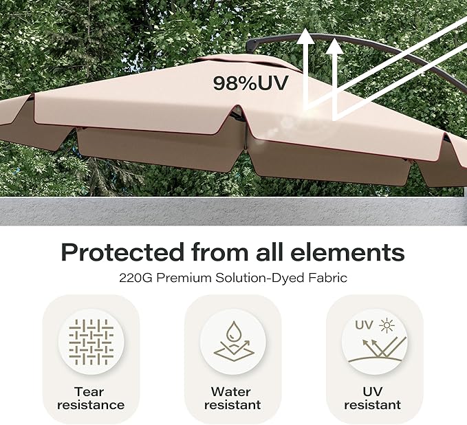 EO Living 11FT Cantilever Patio Umbrella with Base, 360° Rotation Offset Outdoor Umbrella, Heavy Duty Rust-Resistant, UV Protection Waterproof Shade for Backyard, Pool, Garden, Deck (Beige)