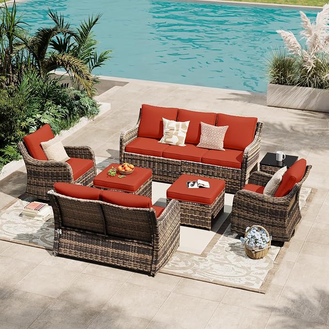MEISSALIVVE 7 Pieces Patio Furniture Set with Swivel Chair, Wicker Patio Sofa, Rattan Conversation Set with Three-seat Sofa, 2 Ottomans and Loveseat for Lawn Backyard (Red)