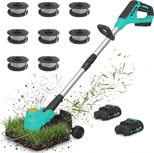 12" Cordless String Trimmer Weed Wacker, Battery Powered Grass Trimmer with 2 x 2.0Ah Batteries & Fast Charger, Includes Wheels and 8 Replacement Spool Lines for Lawn Care