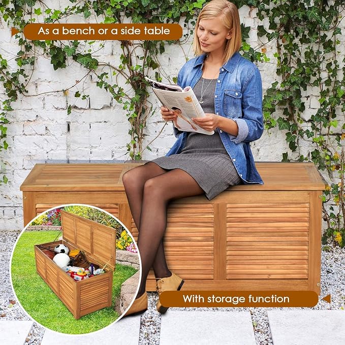 HOMGX Acacia Wood Outdoor Storage Box, 46 Gallon Deck Box Patio Bench for Toys Storage, Gardening Tools, Porch, Backyard