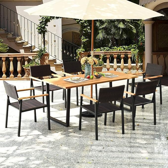 HAPPYGRILL 7 Pieces Wood Rattan Patio Dining Set, Outdoor Dining Furniture Set with Rectangle Table Wicker Chairs, Acacia Wood Tabletop with Umbrella Hole, Dining Set for Garden Backyard