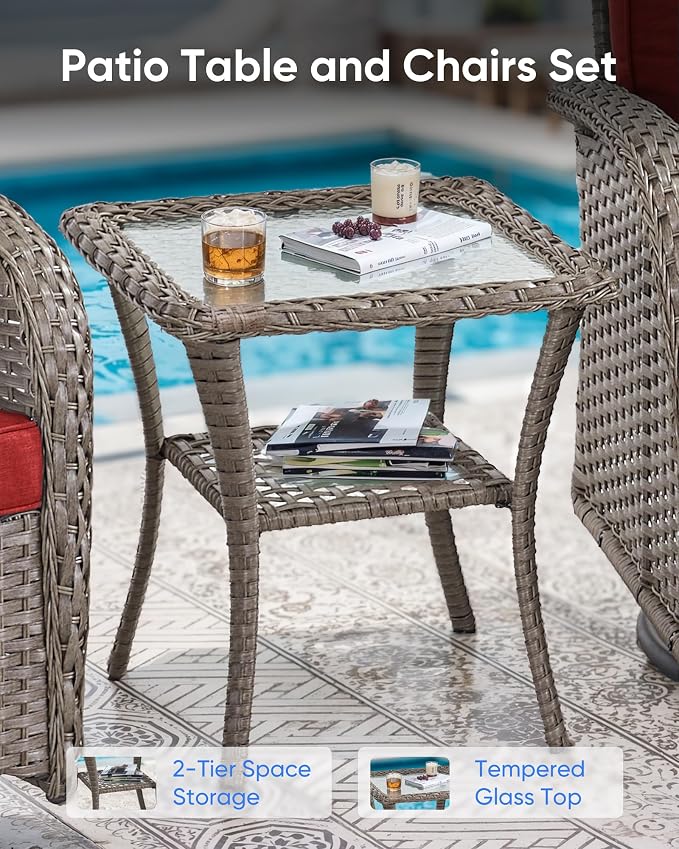 5 Pieces Outdoor Wicker Patio Furniture Set-High Back Outdoor Rocking Chairs Set of 2 with Ottoman Patio Conversation Sets for Deck Lawn Porch Balcony Poolside-Grey/Red