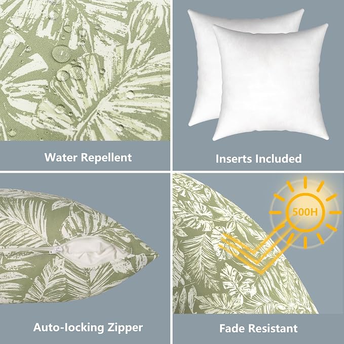 LVTXIII Outdoor Throw Pillows 16x16 Inch, Set of 2 Square Decorative Pillows with Inserts for Patio Furniture, Porch Chair, Garden Sofa, Tropical Leaf Green