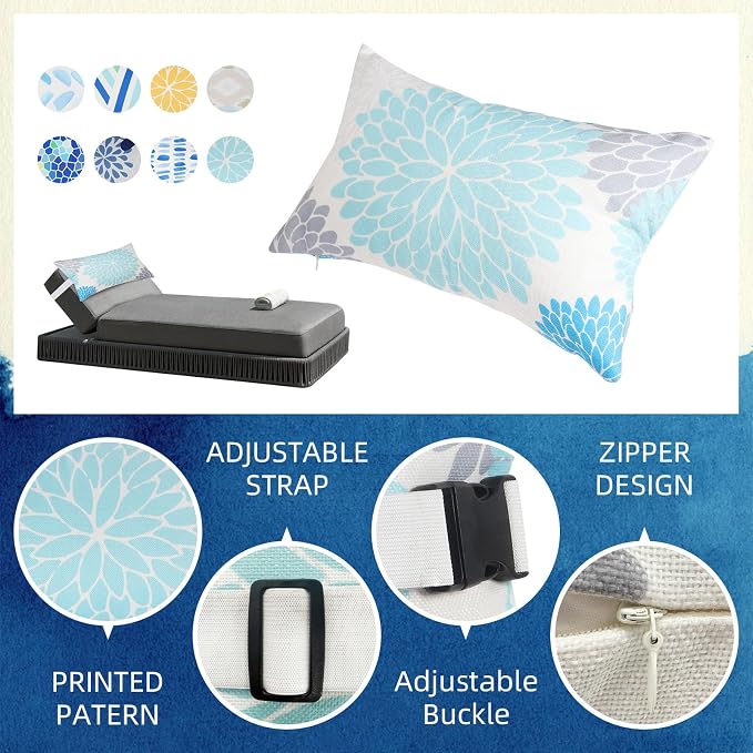 Chaise Head Rest Pillows Set of 2, Outdoor Lounge Pillow Lumbar Pillows with Insert and Adjustable Elastic Strap Decorative Pillows for Patio Beach Pool Chair, Light Blue Gray Flower