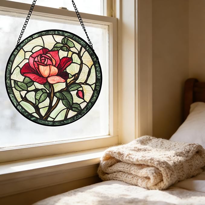 Stained Glass Window Hanging, Red Rose Flowers Sun Catcher for Door Garden Home Decor Suncatcher Christmas Mother's Day Birthday Gifts for Women Lovers Men Wife Girlfriend Mom Nana 9.8 in