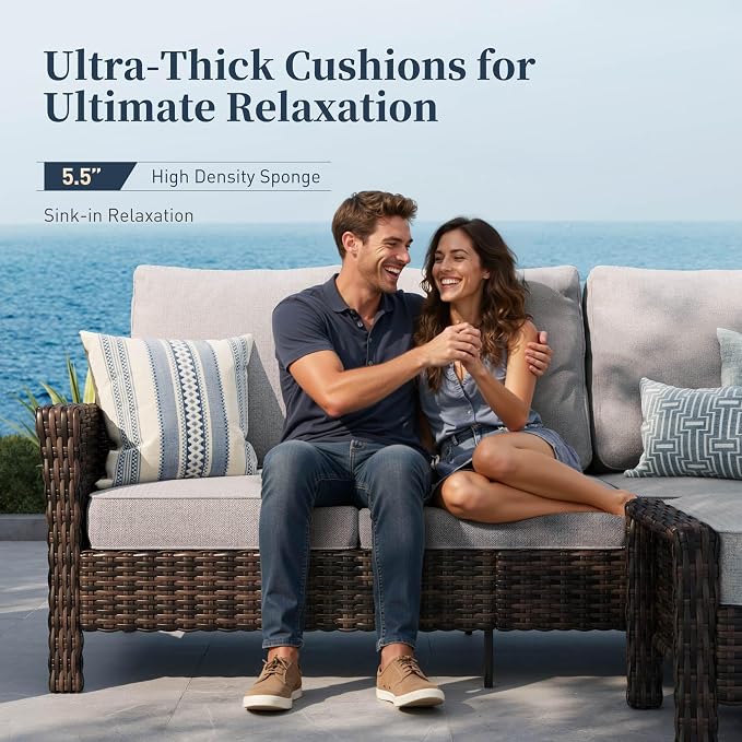 Patio Furniture Set with Swivel Chairs, High Back Wicker Rattan Set with 5.5" Thick Cushions, Fire Pit Table and Ottomans, All Weather Outdoor Conversation Set for Backyard Deck,9 Seats, Light Grey