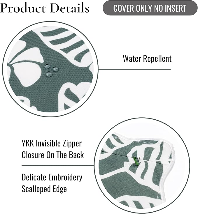 Hofdeco Premium Coastal Hampton Patio Indoor Outdoor Throw Pillow Cover Only, 20"x20" Water Repellent for Backyard, Couch, Poolside, Forest Green Print Palm Leaves and Hisbucs Flowers