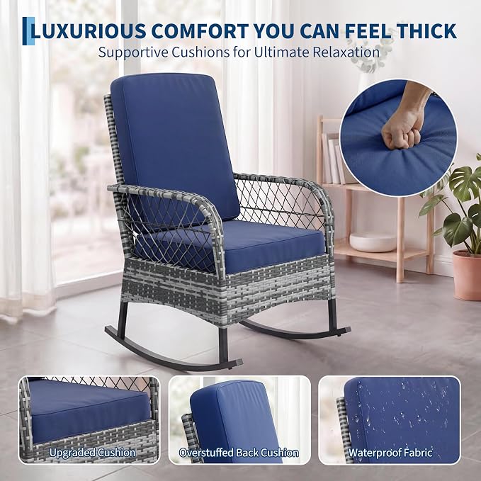 3 pcs Outdoor Rocking Bistro Set, Wicker Rocking Bistro Set with Thick Cushions, Outdoor Rocker Chairs and Coffee Table for Porch, Backyard or Garden (Gray&Blue)