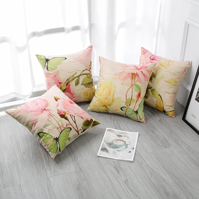 Artscope Set of 4 Waterproof Throw Pillow Covers 18x18 Inches, Pink Roses and Butterfly Pattern Decorative Cushion Covers, Perfect to Outdoor Patio Garden Living Room Sofa Farmhouse Decor