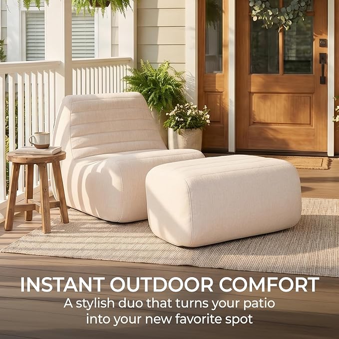 Big Joe Solvana Outdoor Lounge Chair and Ottoman, 2 Piece Patio Furniture Set, Performance Linen Weather-Resistant Fabric, Sunlit Cream