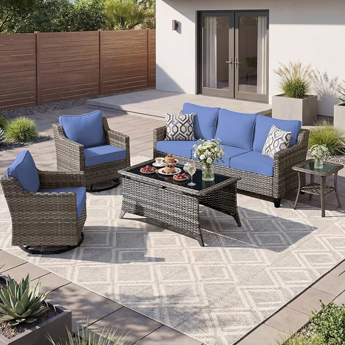 Luxury Patio Furniture sofa Set - 3 Pieces All Weather Wicker Outdoor Couch and High Back Swivel Rocker Patio Chairs with Glass coffee table for Deck Yard and Poolside Gray Wicker | Blue Cushions