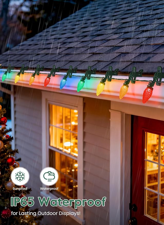 C9 Christmas Lights Outdoor, 102FT 150 LED String Lights with Spring Clips | Waterproof Connectable Commercial Grade Christmas Tree Lights for Outside Roofline Patio Yard Home Xmas Decor, Multicolor