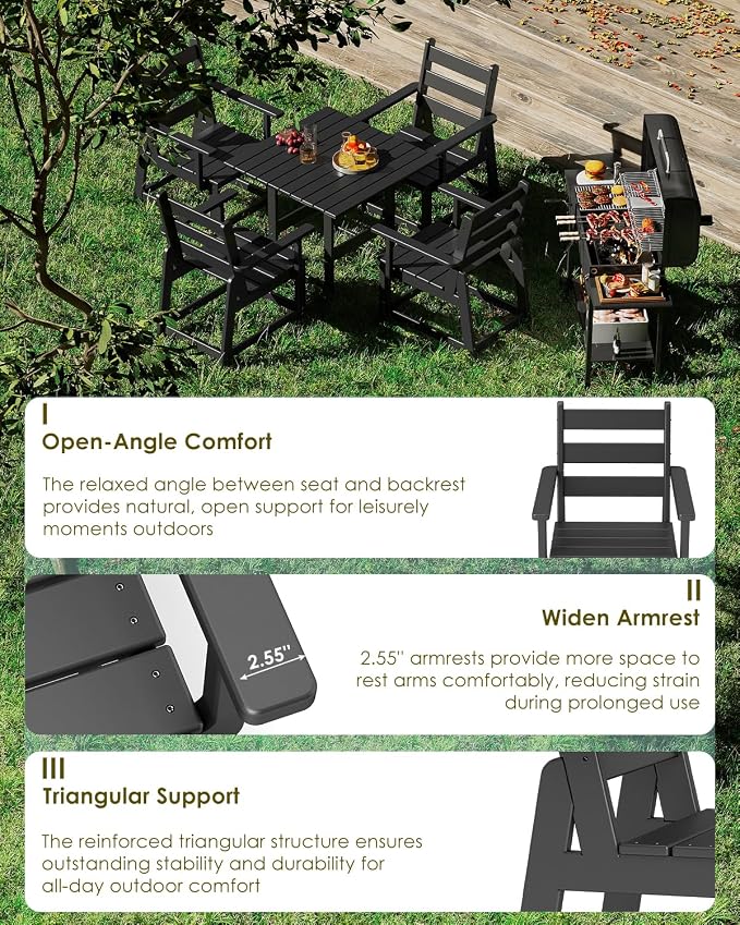 GREENVINES Patio-Chair | Outdoor Dining Chairs Set of 2 | HDPE Plastic | Removable Armrests | All Weather | for Backyard Deck Poolside Garden | Black