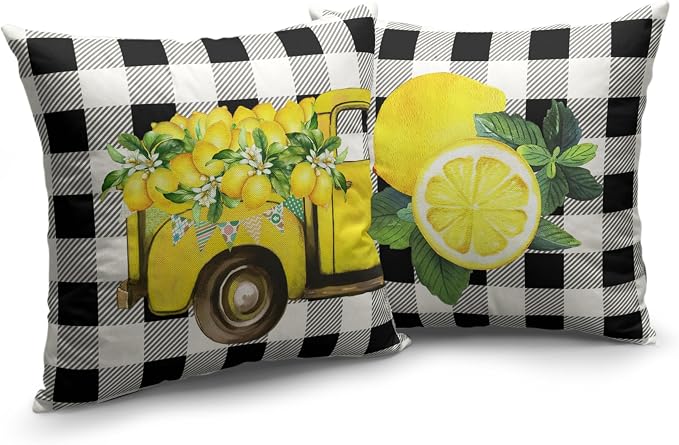 Lemon Pillow Covers Yellow Truck with Lemon Blossom Throw Pillow Covers Black Buffalo Plaid Cushion Case 16x16 Set of 2 for Living Room Farmhouse Patio Car