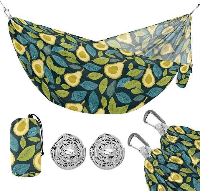 Camping Hammock Outdoor Hammocks for Outside Avocado Green Leaves Beach Trees Portable Lightweight with Pockets Tree Straps Indoor