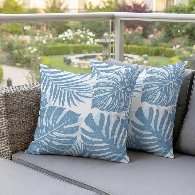 Coastal Blue Palm Leaves Outdoor Pillow Covers 20"x20" Set of 2, Tropical Botanical Minimalist Modern Waterproof Throw Pillow Covers for Patio Furniture, Decorative Cushion Covers for Porch