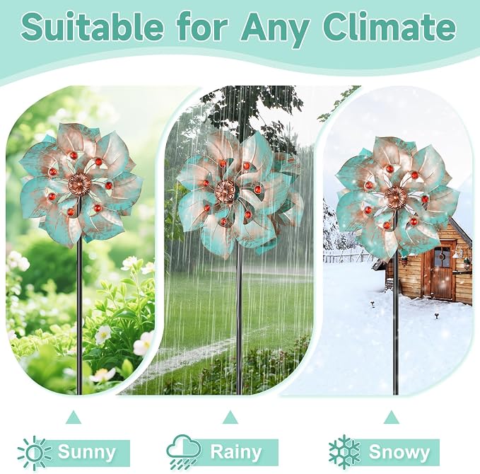 Wind Spinners Outdoor, Retro Green 2‑Blade Kinetic Wind Sculpture with Red Gems, Dual‑Direction Windmill with 5‑Prong Base, Height Adjustable Yard Art for Lawn Patio Garden, 12.6" W x 63" H